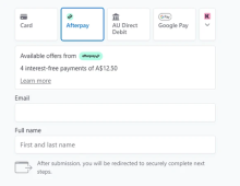 A screenshot of the Afterpay option in Simpro Payments.